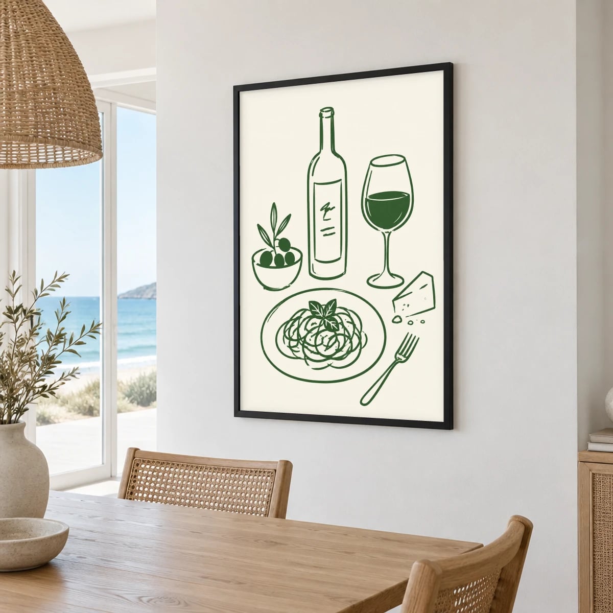 Quadro Mesa Italiana com Vinho e Azeitonas