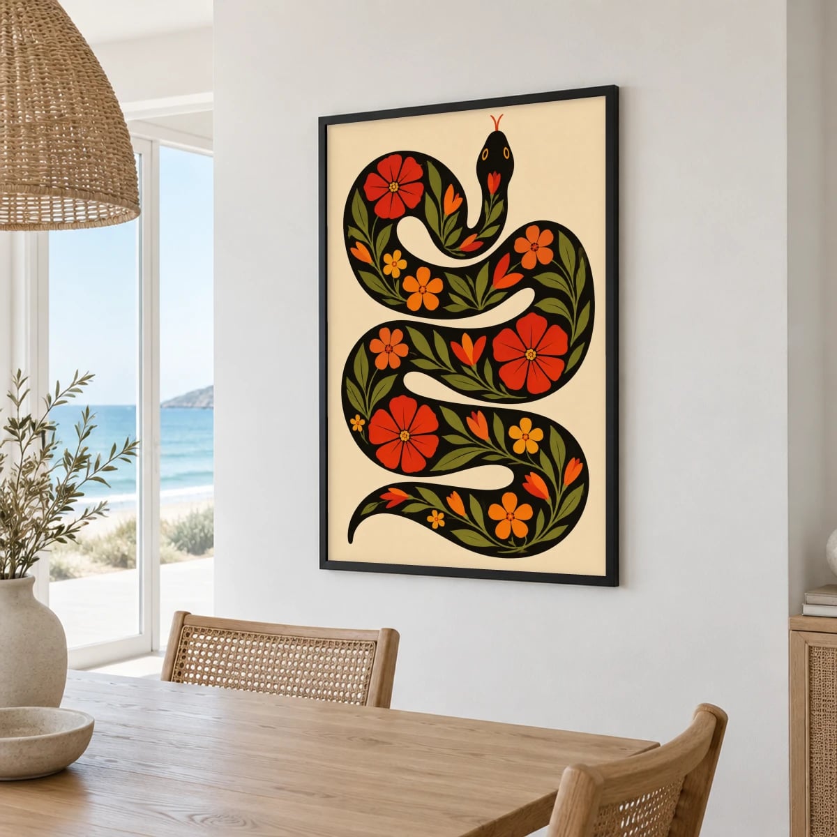 Quadro Serpente com Flores Vermelhas e Laranjas