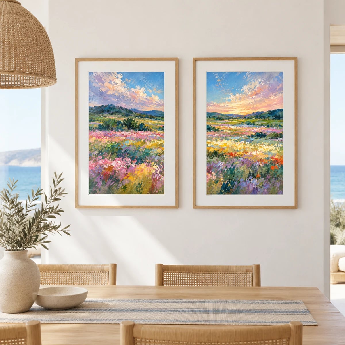 Quadro Campos Floridos ao Entardecer em Rosa e Verde