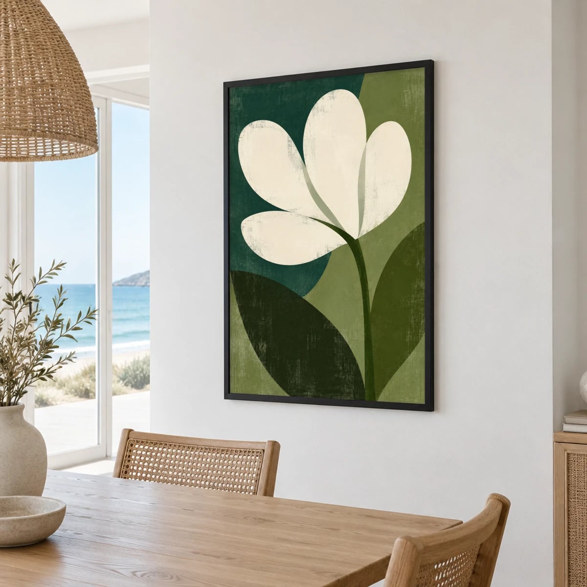 Quadro Flor Branca em Verde Abstrato